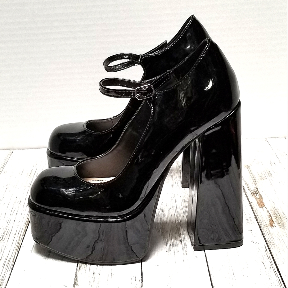 New Black Patent Mary Jane Platform Chunky Heel Pumps